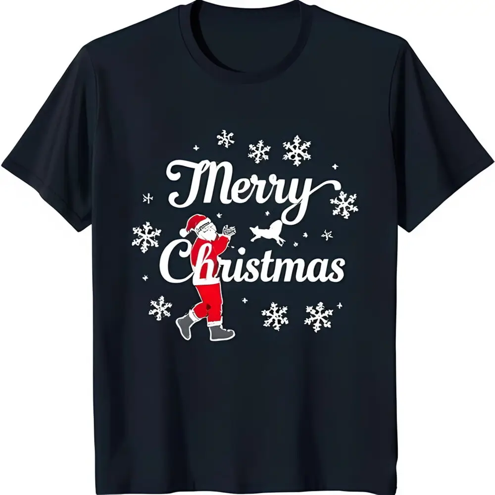 

Festive Black T-Shirt with Santa Claus and Dog Graphic Holiday Style