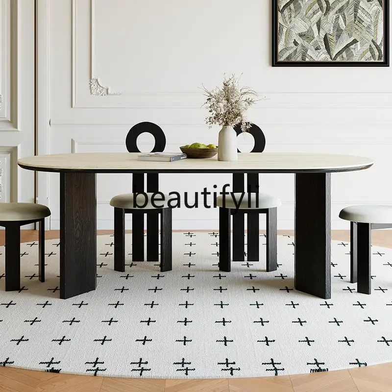 

French cream wind tunnel slate dining table oval dining table solid wood retro medieval dining table and chairs