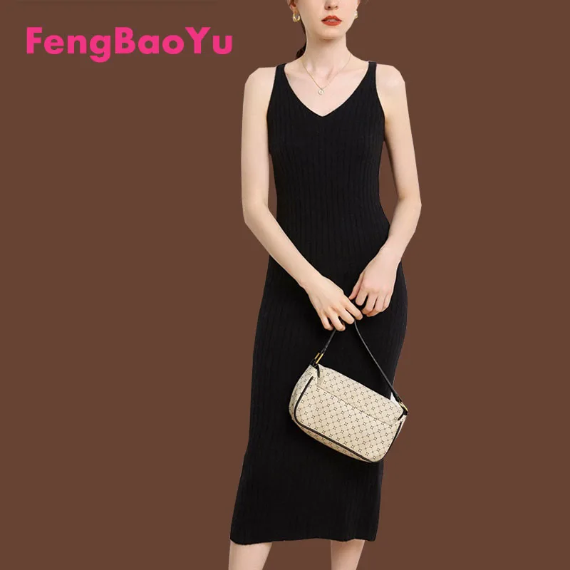 

Fengbaoyu Autumn Winter 100% Cashmere Sleeveless Dress for Women with Halter Slimming Temperament Long Skirt Knitted Vest Base