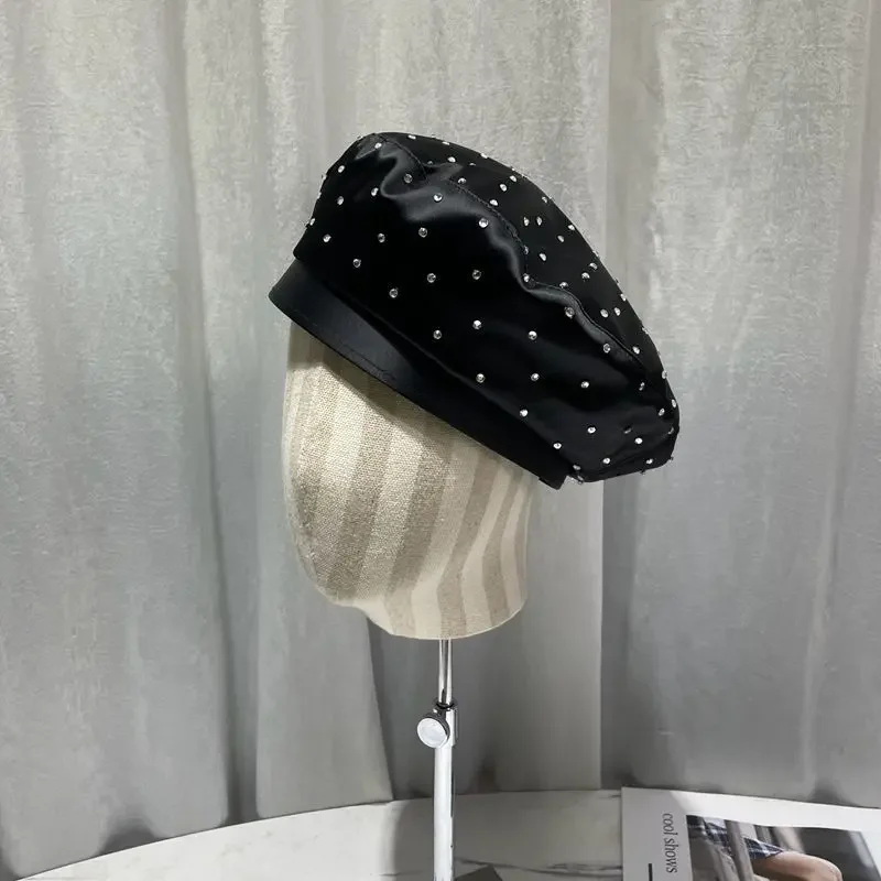 2022 New Satin Rhinestone Beret Cap Women's Fashion Black Painter Hat Spring and Autumn Octagonal Hats Newsboy Gorras Casquette