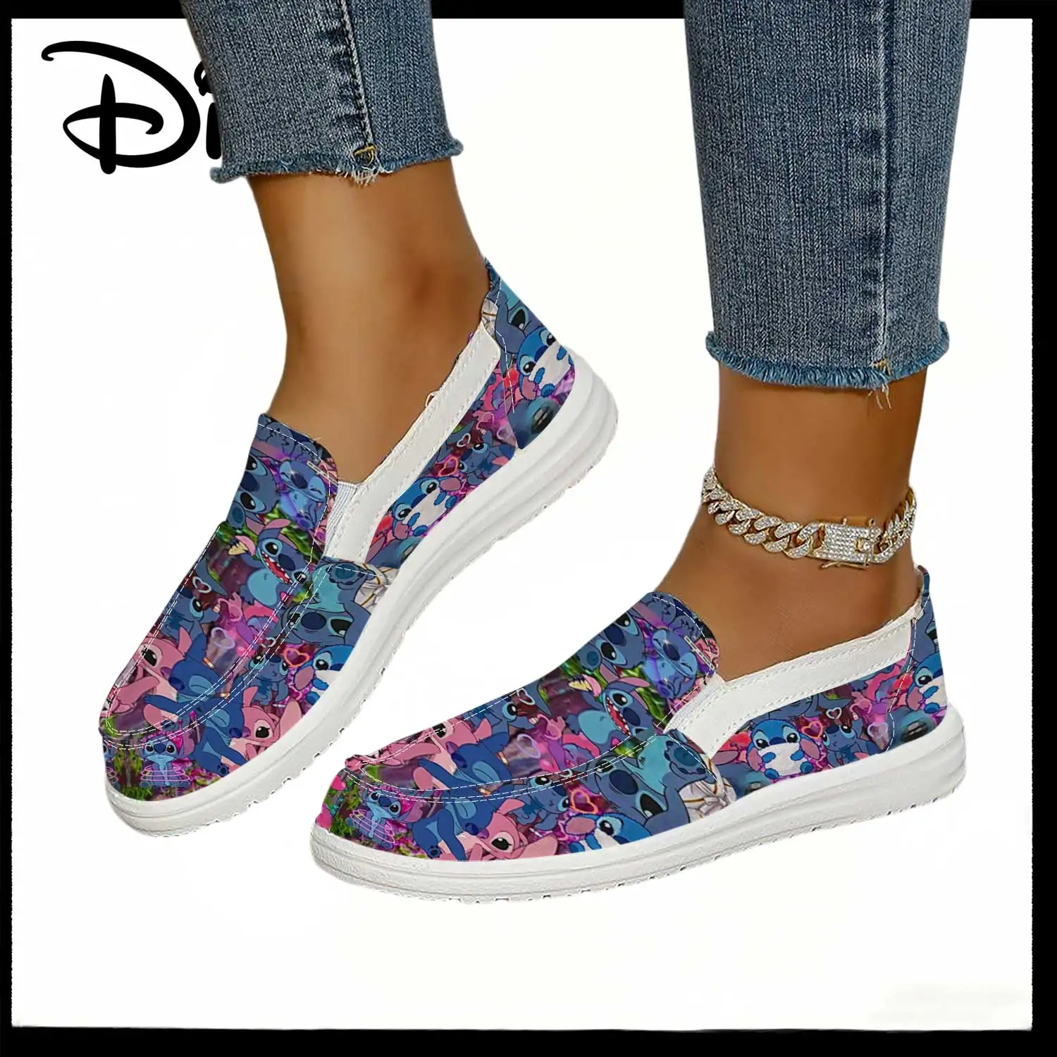 

Розово-фиолетовые слипоны с принтом Disney Lilo & Stitch Angel Collage – удобная повседневная обувь для женщин