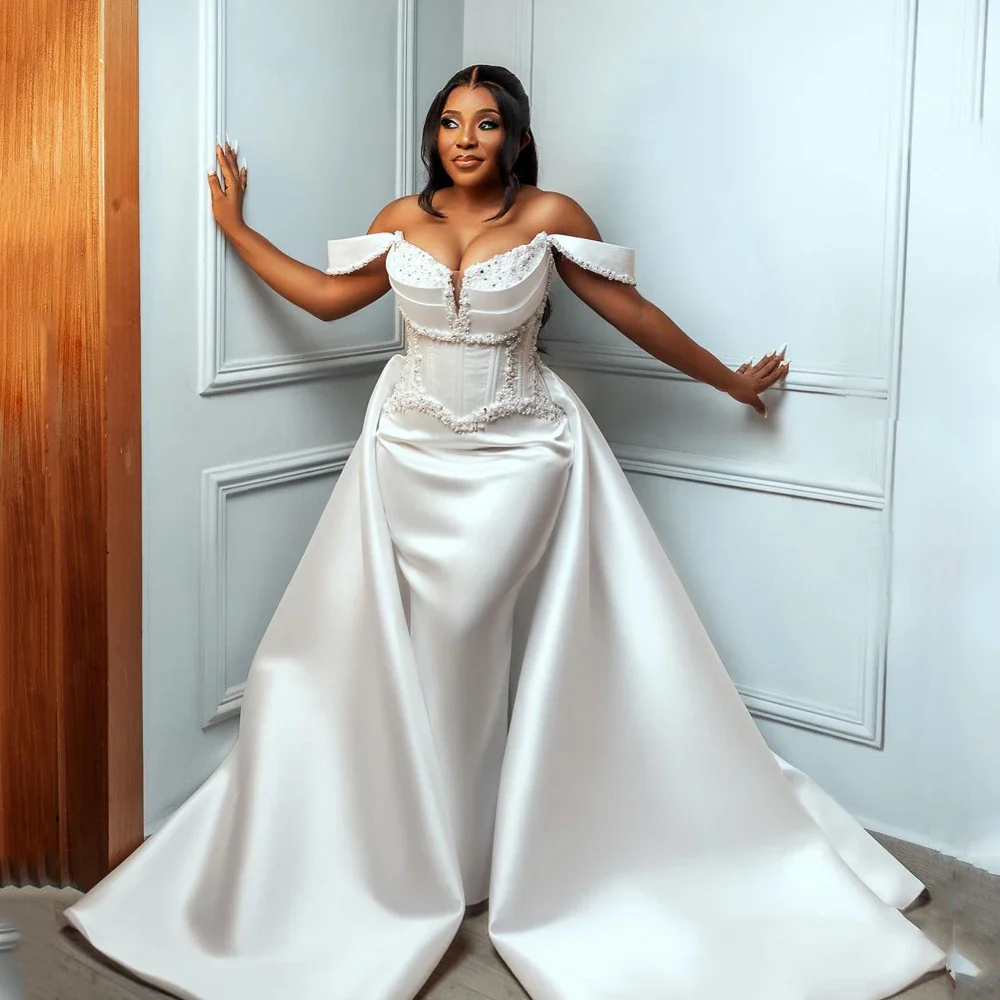 

Elegant White Mermaid Wedding Dress Sweetheart Long Sleeve Neck Tulle Bridal Dress Church Train Beach Wedding Party Dress Custom