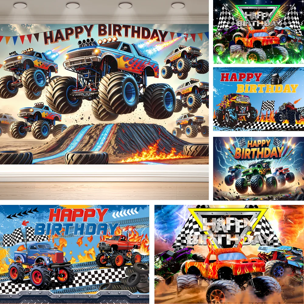 Dewprint Cool Racing Monster Truck Happy Birthday Backdrop Fire Lightning Dirt Track Kids Party Wall Banner Decor Supplies