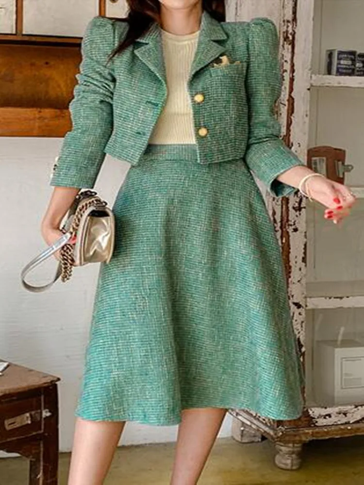 SMTHMA elegante giacca di lana Tweed e gonna lunga due pezzi Set donna autunno inverno vestito stilista Green Party Outf