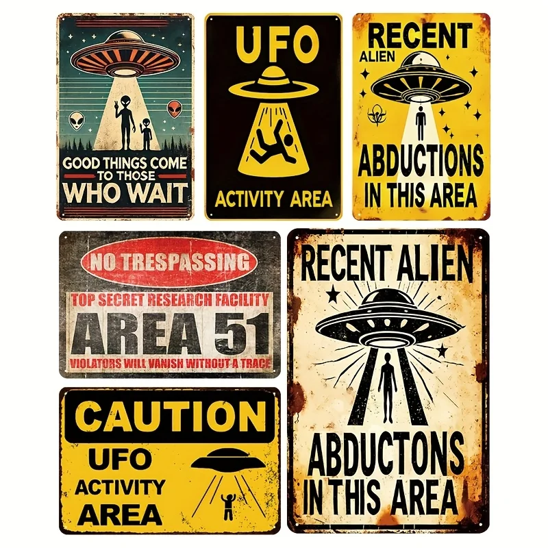 6pcs Vintage UFO Metal Tin Signs - Retro Sci-Fi Wall Art, 20.32x30.48 cm, Funny Alien Warning Decor for Home, Bar, or Club, Wall