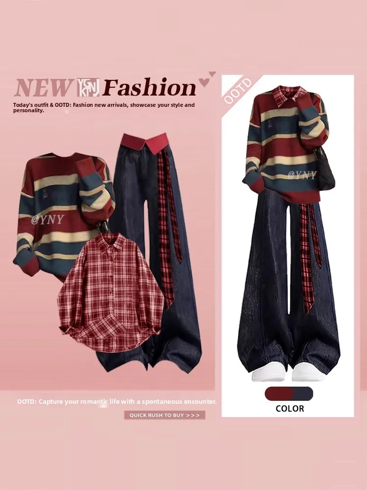 

Unique Design Korean Style Striped Sweater Shirt Denim Lazy Style Three Piece Set for Women Spring Initial Season Fashion