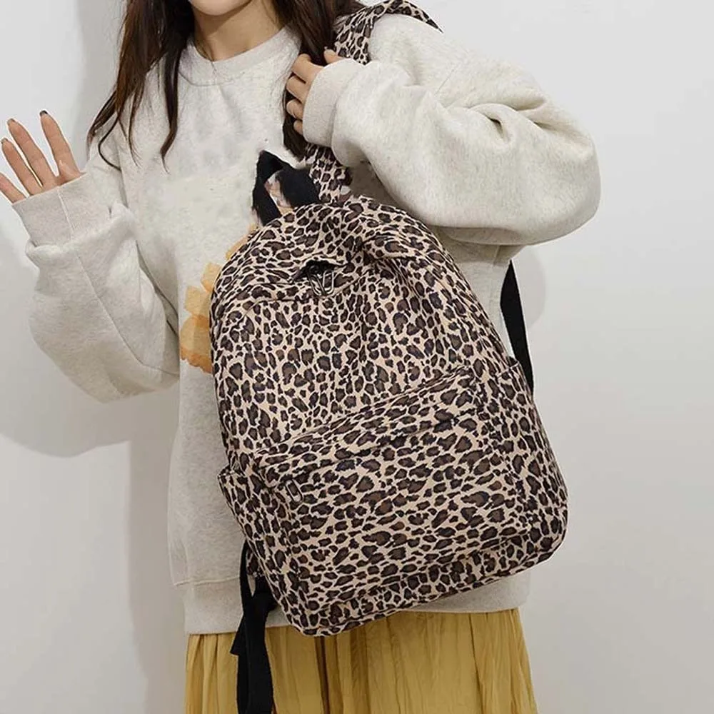 

Nylon Leopard Print Backpack Daypack Retro Students School Bag Scratch Prevention Fixed Webbing Large Capacity Backpack Women
