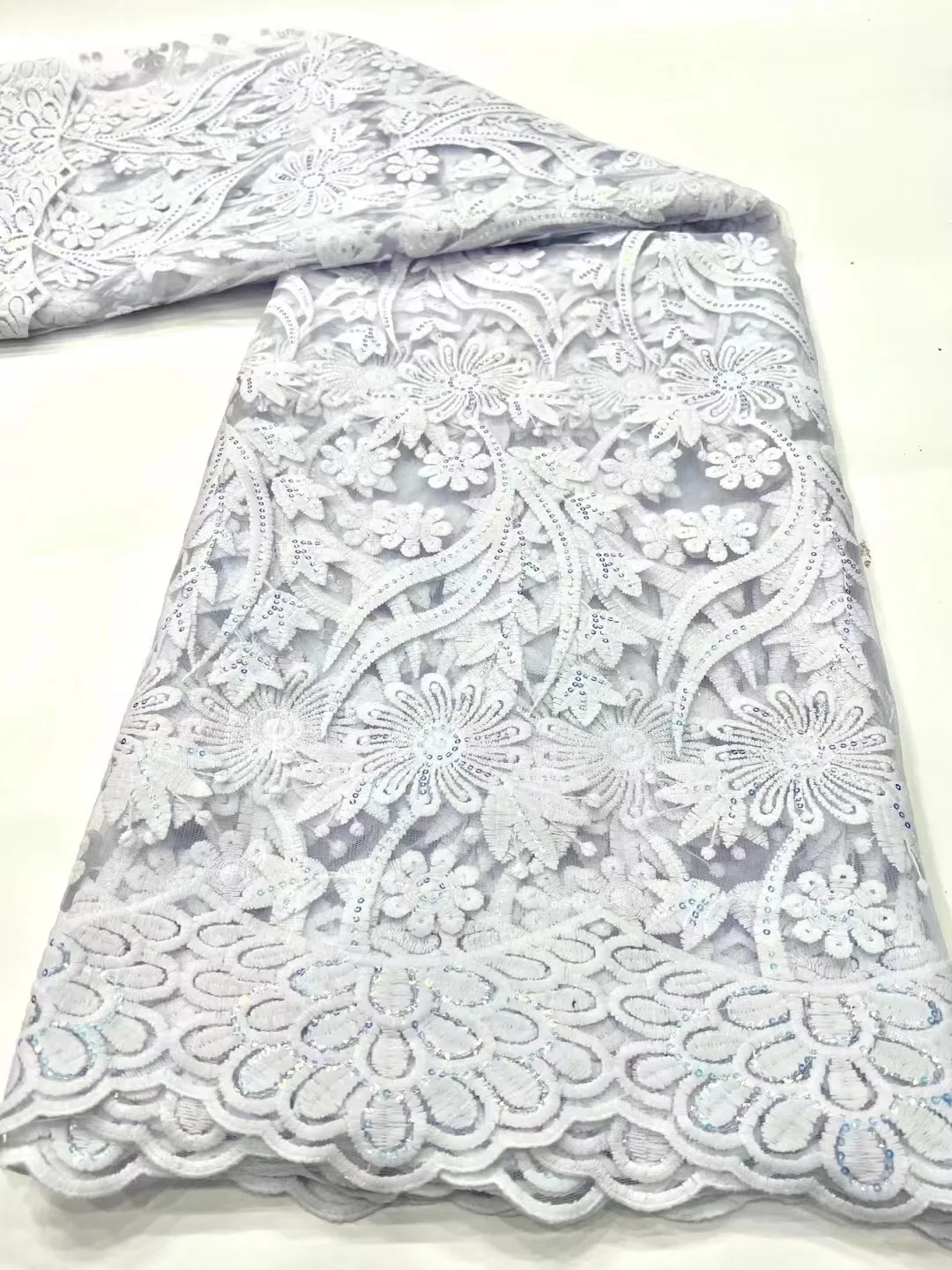 White New Design Sequin Lace Fabric Luxury Mesh Lace Embroidery French Nigerian Tulle Lace Fabric For Wedding Party Dresses