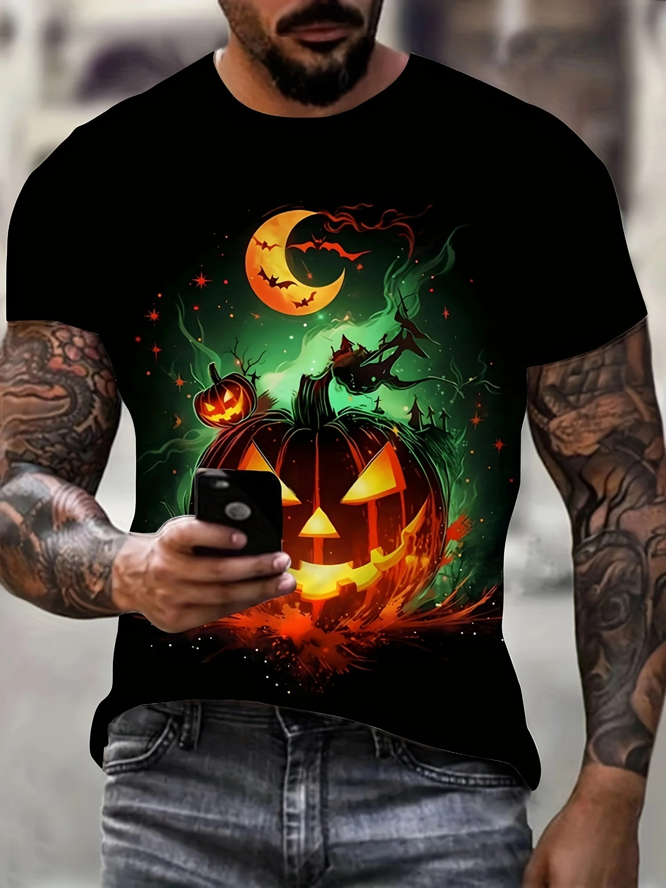 

Men's Fashion Halloween T-shirt 3D Digital Printed Horror Pumpkin Skull Pattern Bright Orange Casual Short Sleeve Top