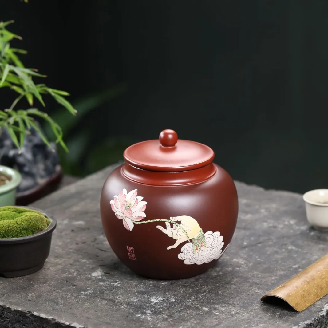 Purple Clay Buddha Lotus Ceramic Sealed Jar, Household Chinese-Style Moisture-Proof Loose Canister, Pu'er Tea Awakening Canister