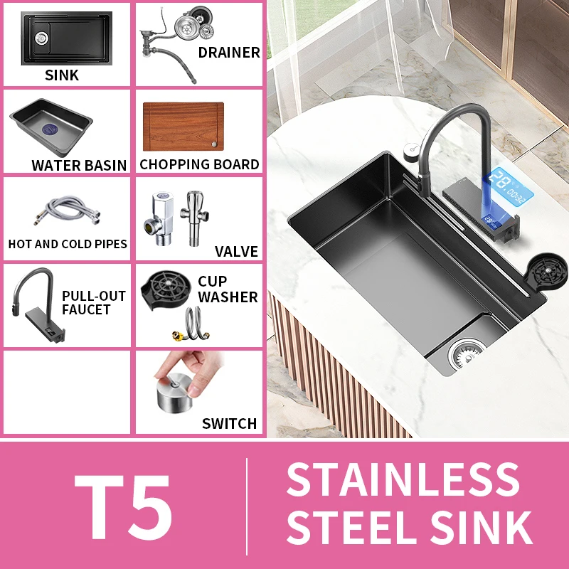 

Washbasin Kitchen Sink Large Single Slot Stainless Steel Waterfall Sink Dishwashing Sink Household Undercounter Basin