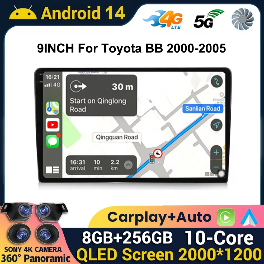 

9 дюймов Android 14 для Toyota BB 2002 - 2005 автомобильный мультимедийный плеер автонавигация стерео головное устройство WIFI беспроводной Carplay 4G DSP