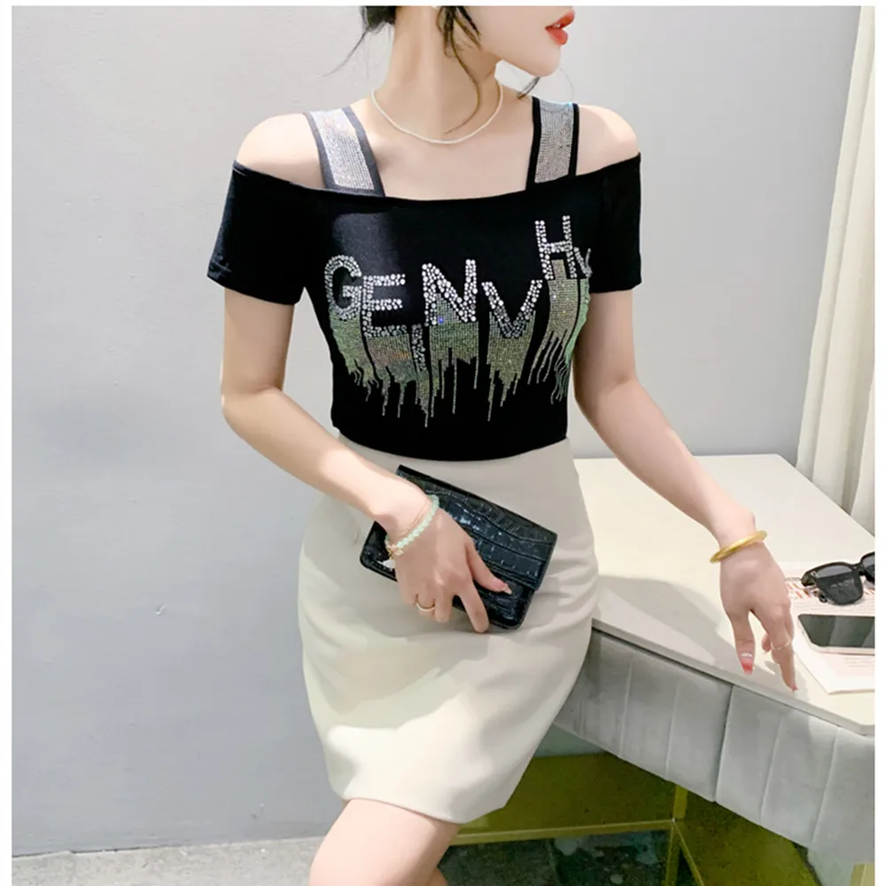 

M-3XL Summer New Women's Letter Hot Diamonds T-shirt Clothes Sexy Off Shoulder Short Sleeve Tops Luxury Girl Mesh Slim Tees 2025