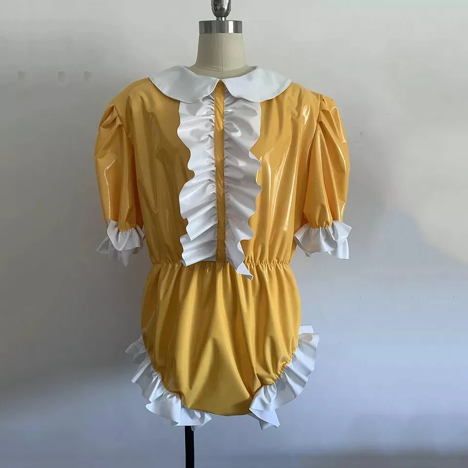 

Sexy Sissy Adult Baby Yellow PVC Ruffle Dress Cosplay Costume Customizable