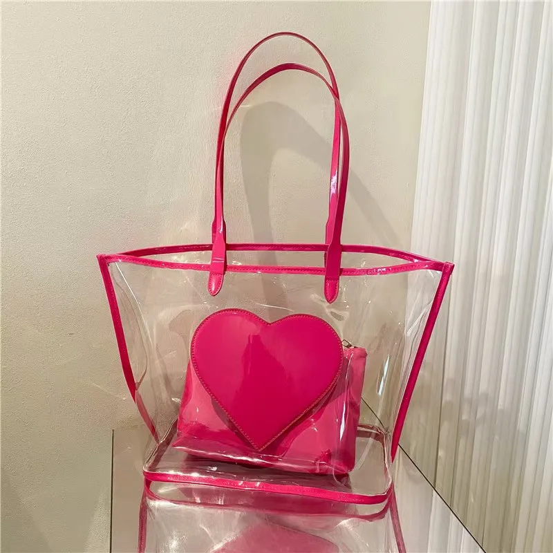 Transparent PVC Tote Bag Women Large Capacity Clear Shoulder Bag Fashion Heart Pattern Zipper Purse Two-piece Set Jelly Handbag