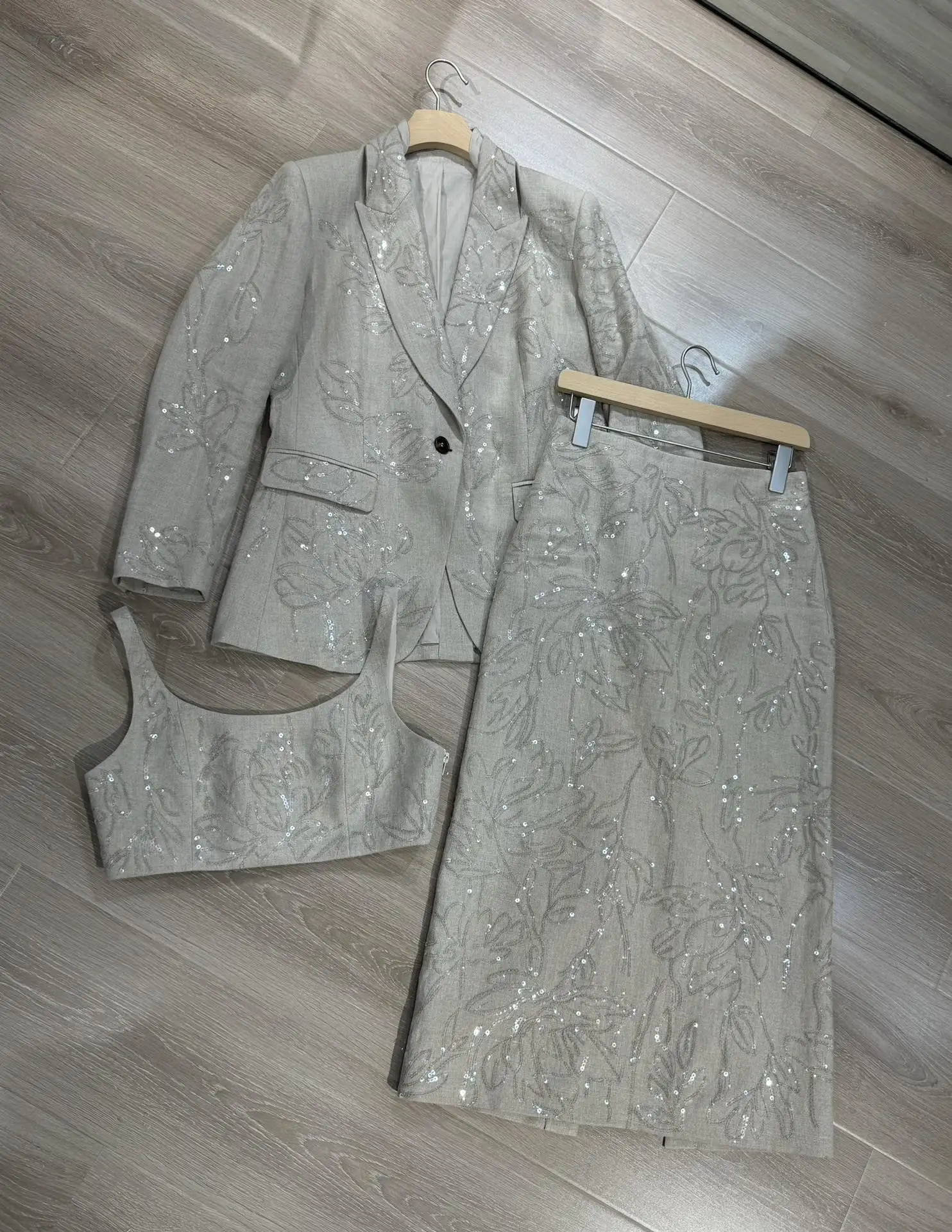 Women's Skirt Suit Sequins Embroidery Linen Blazer + Suspender Chest Wrap + Skirt Set Woman Clothing Can Be Purchased Separately