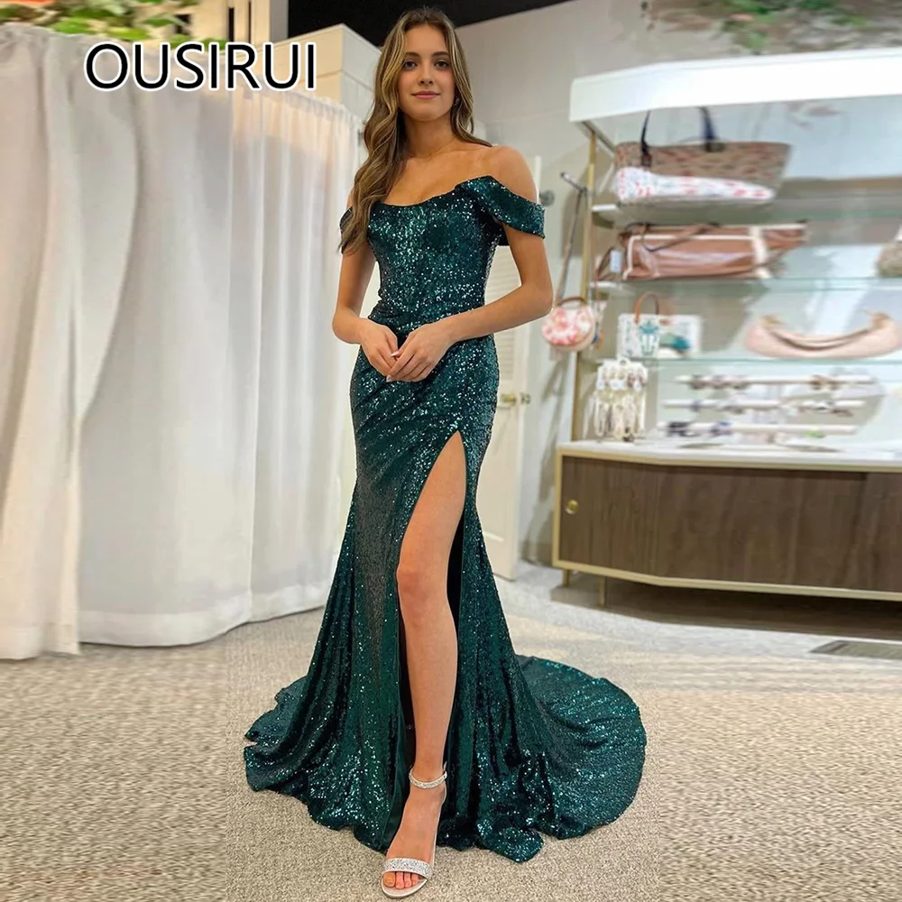 

Fashion Boat Collar Shiny Sequins Sheath Prom Bridesmaid Dress Open Back Side High Split Court Prom Club Dress Customized