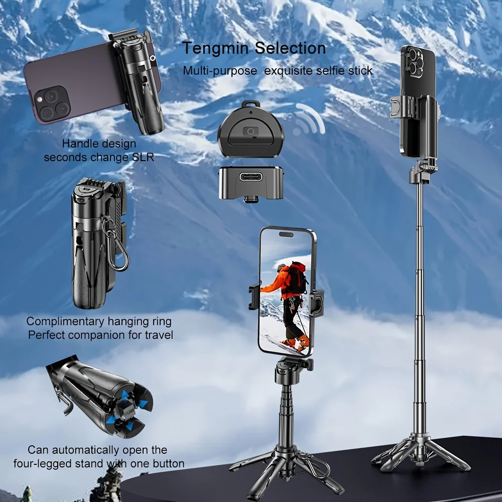 Mini Selfie Stick Featuring A One-Touch Deployment Four-Legged Stand Equipped with A Wireless Remote Control with Lanyard Ring