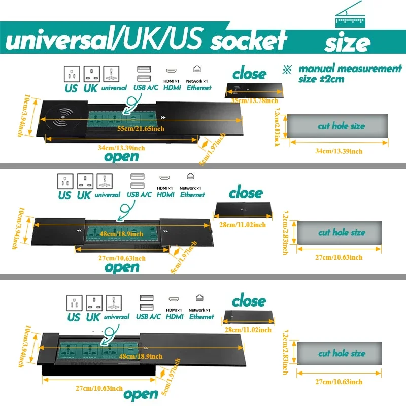 테이블 내장형 소켓 2 3구 USB 무선 충전 유니버설 UK US EU 멀티 플러그 10A 110~250V 2600W 블랙 소켓