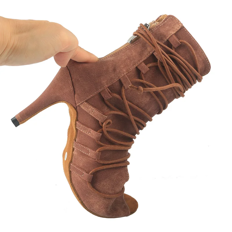 Wedopus Customized Heel Tan Color Ankle Dance Boots Lace-up 8.5CM Peep Toe Ballroom Dancing Boot for Woman with Zip