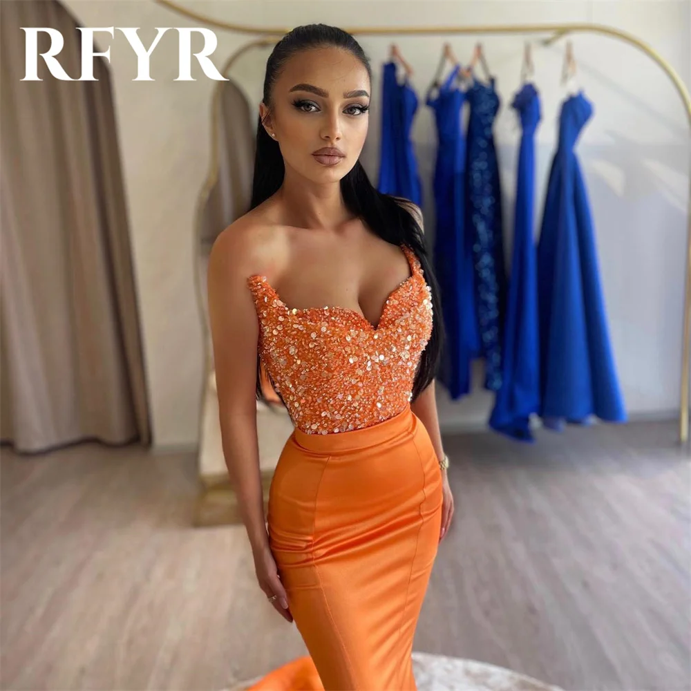 RFYR Mermaid Sexy Special Occasion Dresses Orange Glitter Formal Gown Long Stain Evening Dresses vestidos de fiesta Customized