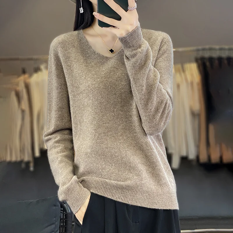 New 100% merino sweater in autumn and winter V-neck long-sleeved solid color basic loose solid color long-sleeved sweater