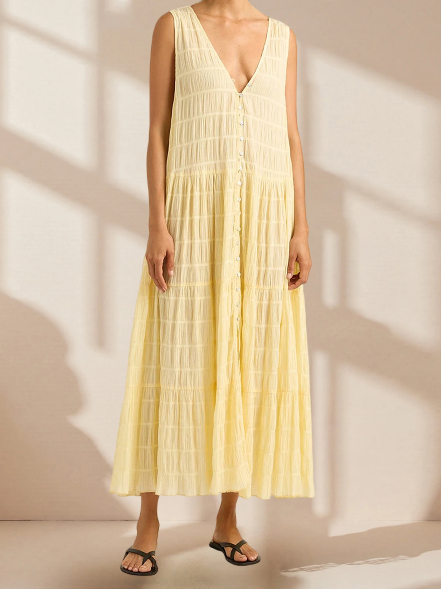 Elegantes Maxikleid für Damen, stilvolles, ärmelloses, fließendes Boho-Kleid mit Blumendruck und Rüschen, perfekt für Sommer-Strandpartys oder Date