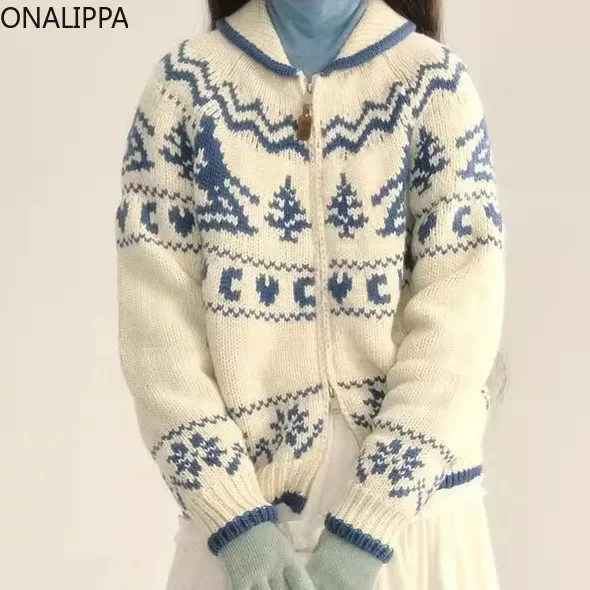 Onalippa Christmas Tree Snowflake Jacquard Sweater Contrast Zipper Peter Pan Collar Cardigans Korean Casual Knitted Cardigan