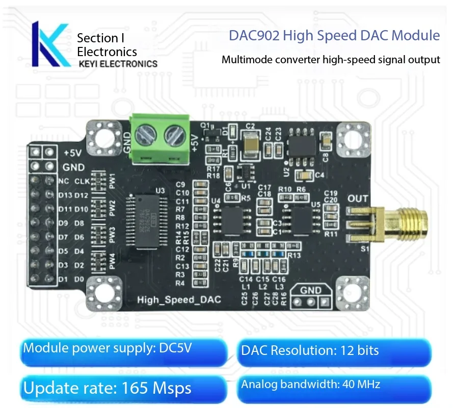 DAC902 12-bit High-Speed DAC Module, 165M Parallel Sampling, Waveform Generator