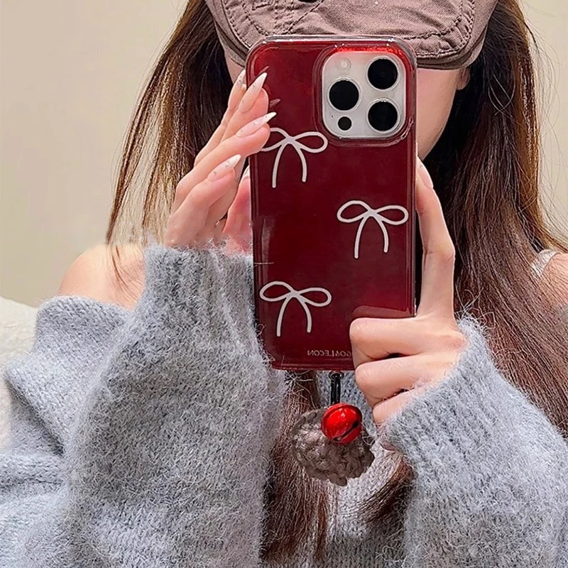 Perforated vortex shell premium red base bow phone case with fur ball bell pendant For iPhone 11 12 13 14 15 pro max