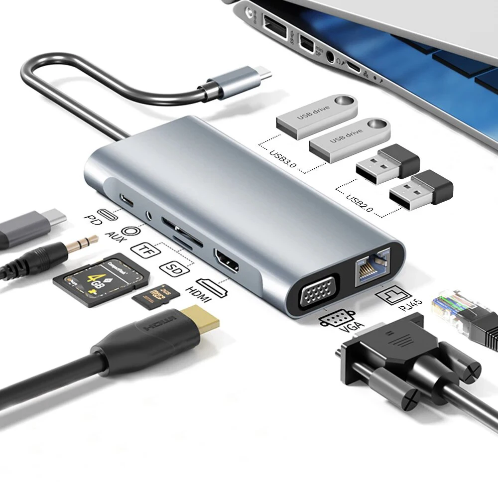 Hub USB 3.0 Tipo-C com HDMI 4K, RJ45, Carregamento PD, Leitor de Cartão SD/TF, Adaptador Tipo C para USB, Dock para MacBook Air/Pro e PC
