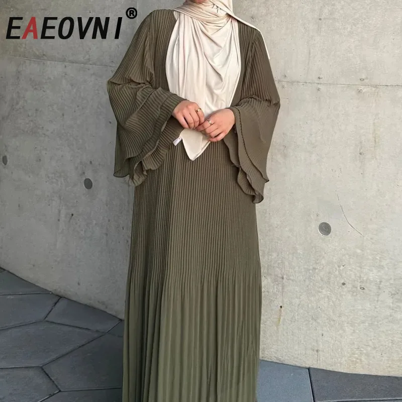 

EAEOVNI Elegant Pleated Design Long Dress For Women Flare Sleeve Loose Solid Color Party Dresses 2025 New Clothing 1A1632
