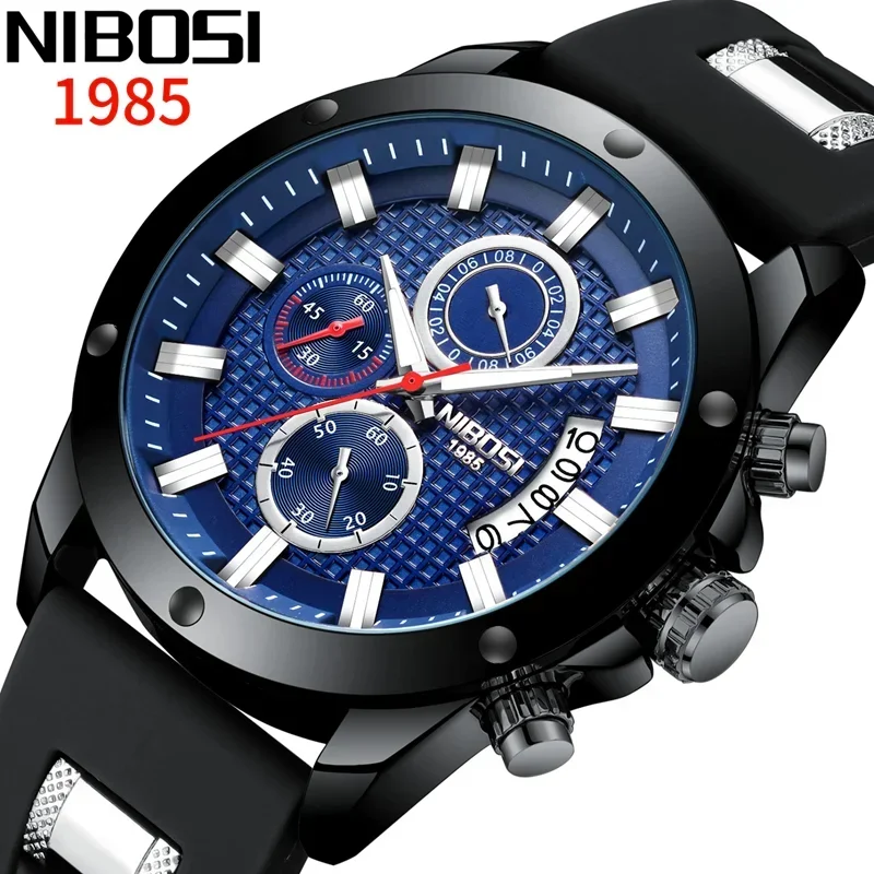 NIBOSI  Sport Mens Watch Quartz Strap Watch Blue Silicone Military Waterproof Male Men Watches Relogio Masculino For Man Gift