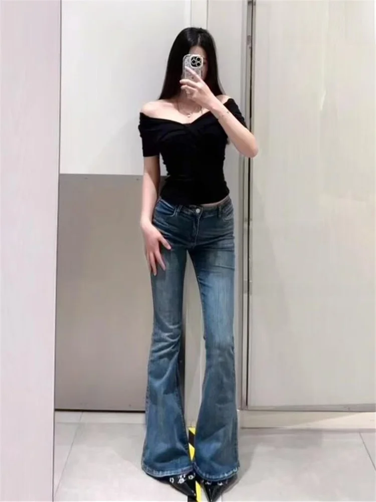 

American Retro High Waist Bell Bottom Jeans Women Slim Fit Spring Washed Long Floor Length Trousers Deep Blue Slimming Effect