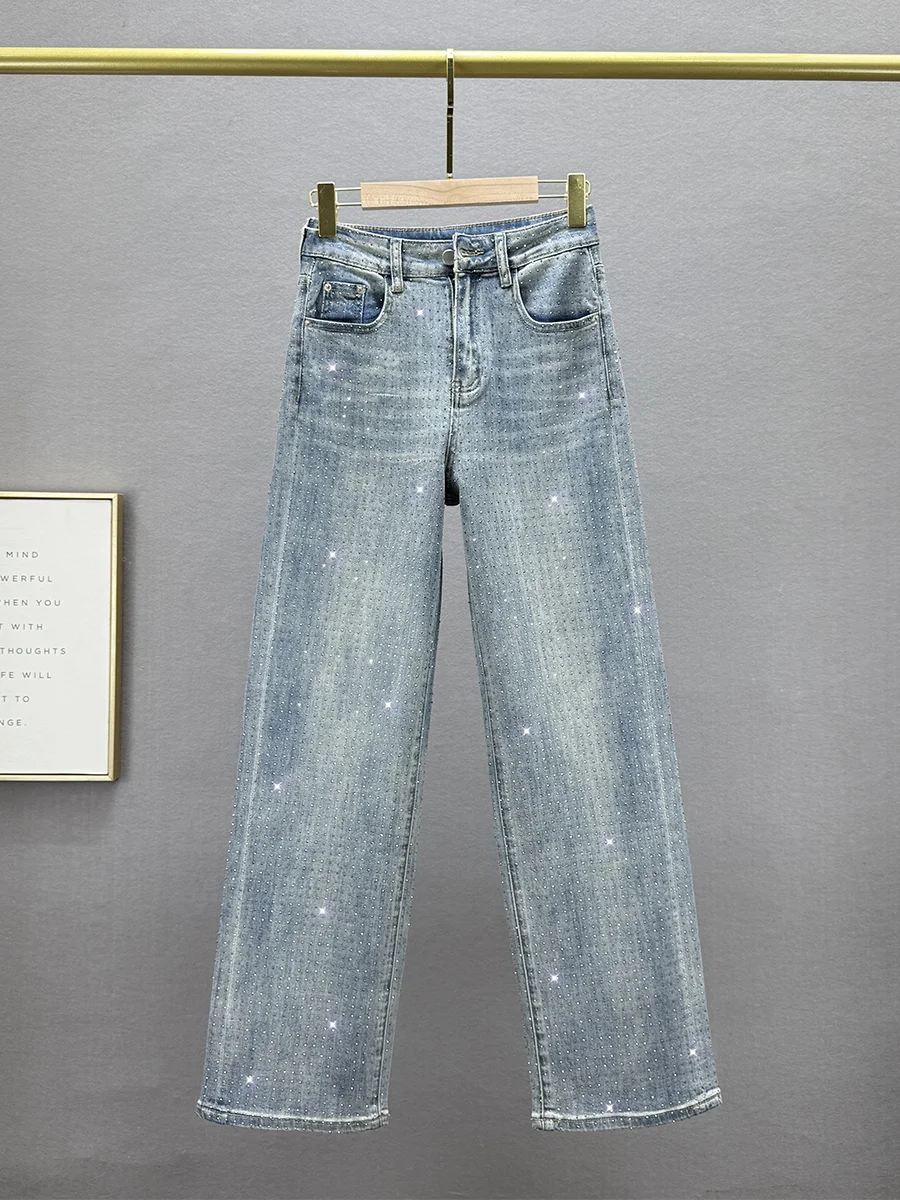 

High Waist Straight Leg Jeans Women's Spring Summer New Sle Loose Fit Slimming Glittering Long Cotton Stretch Denim Pants