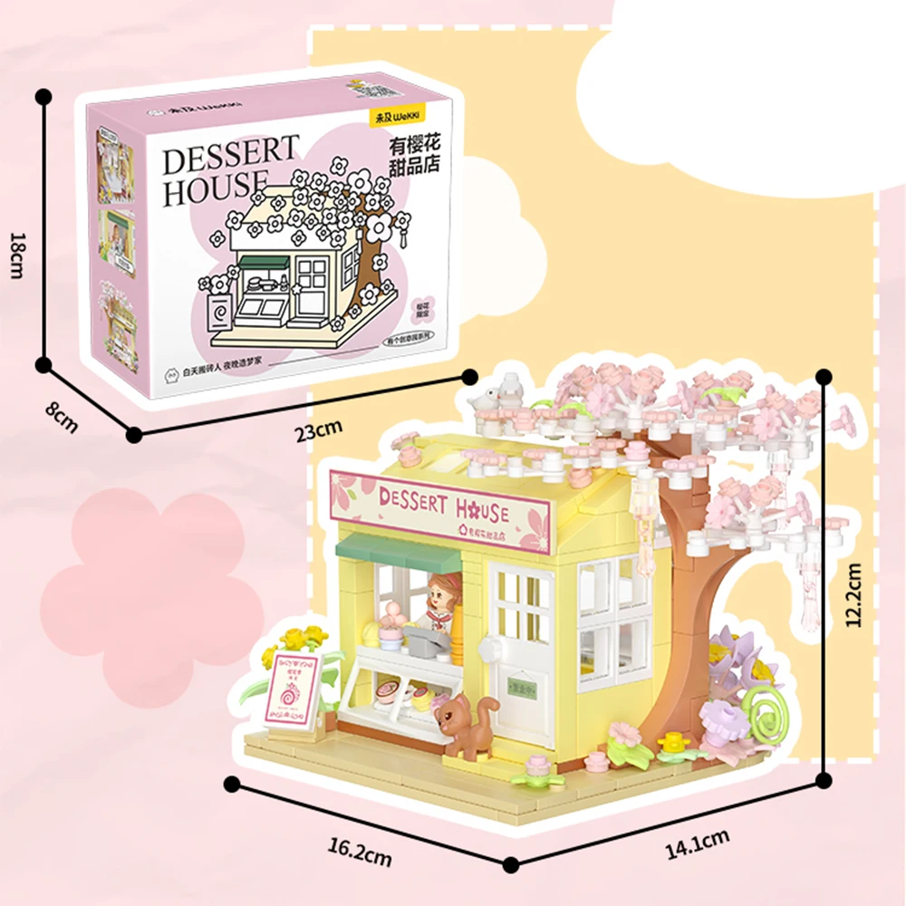 Cherry Blossom Dessert House Building Blocks Sakura Flower Pink Tree City Street View Bricks DIY Model Toys For Kid Gift