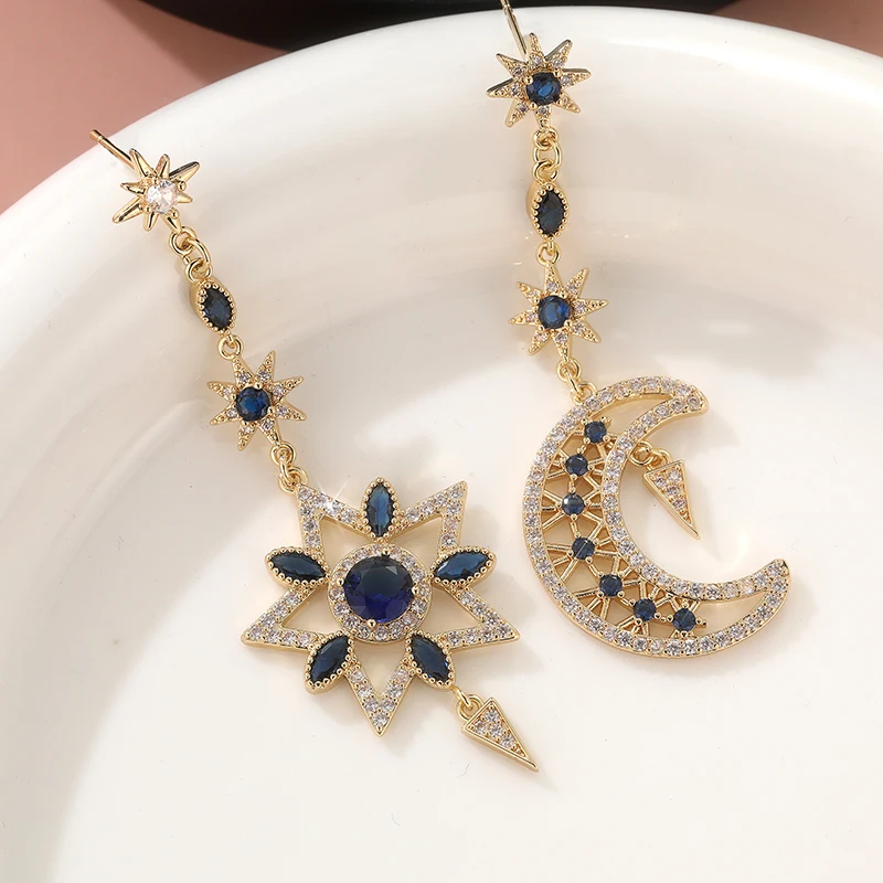 Modische Asymmetrische Stern-Mond-Ohrhänger für Damen, Lange Quasten, Funkelnde Personalisierte Ohrringe, Stilvoller Ästhetischer Schmuck
