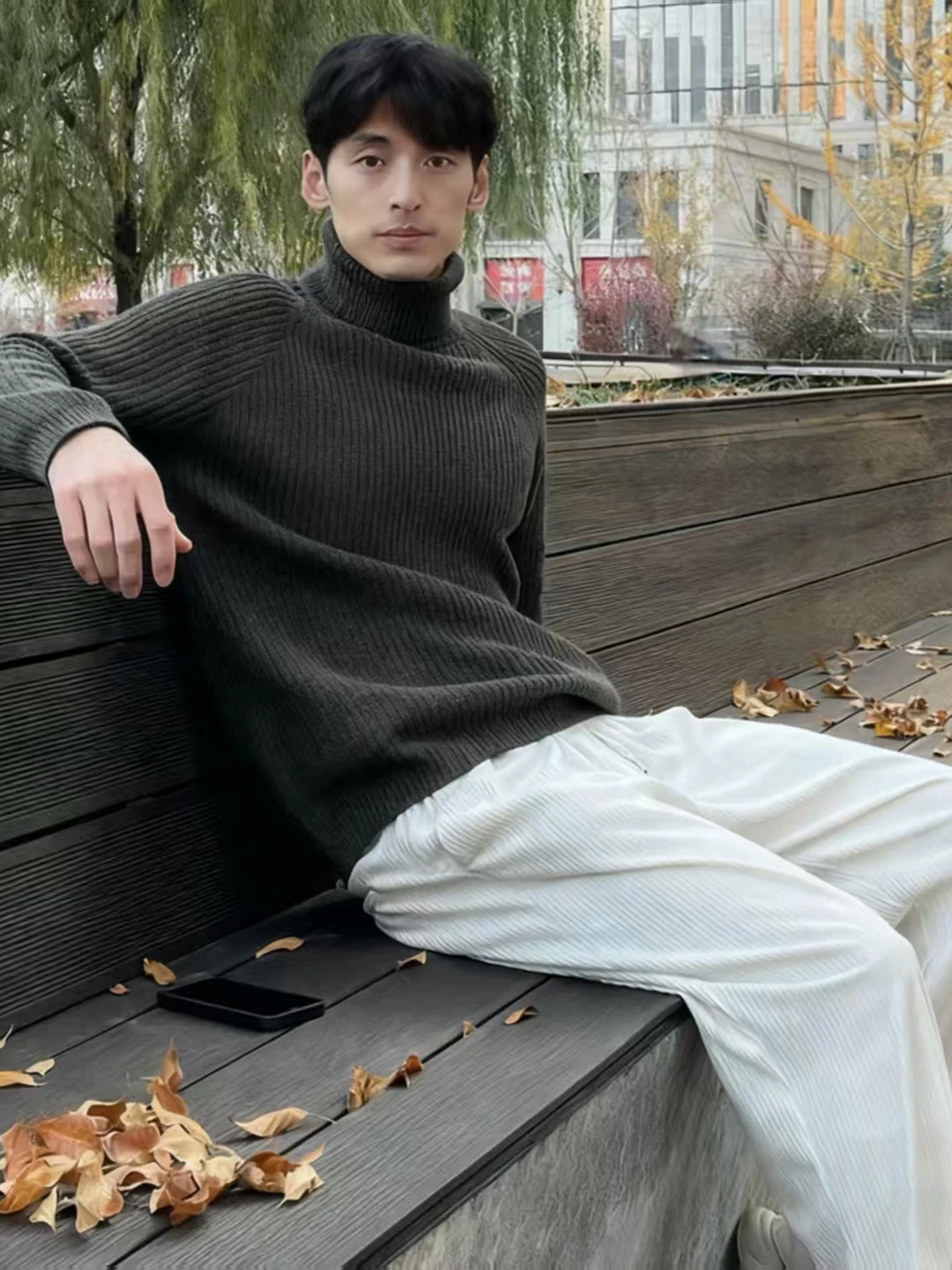 

Deep ey High Collar Men's Knitwear Autumn Winter Loose Fit Overhead Cable Knit Warm Base Layer Casual Sle Ci Walk