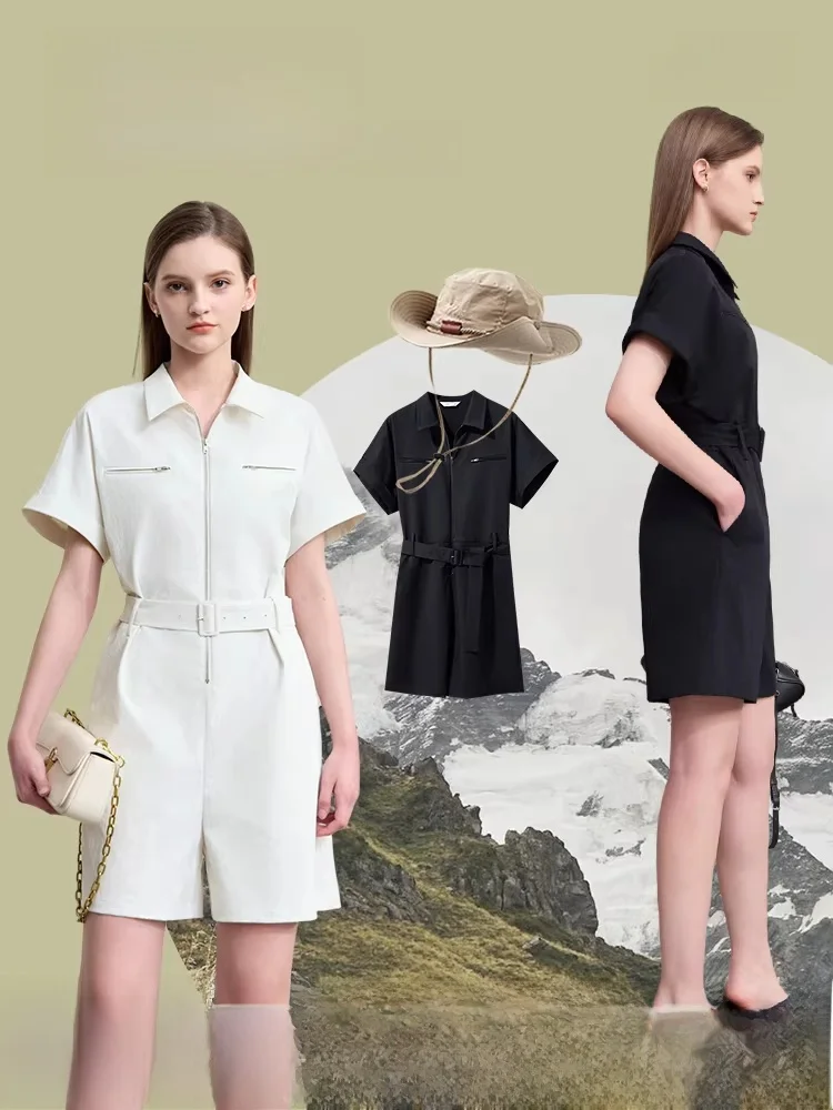 

Летний новый стиль: минималистичный комбинезон для работы и повседневной носки с отложным воротником, коротким рукавом, свободного кроя, укороченный, из твила, с прямыми брюками-трубами