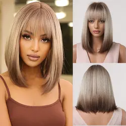 Brown Blonde Ombre Short Bob Wigs for Women Cosplay Synthetic Wig with Bangs Dark Roots Gray Natural Hair Wig Heat Resistant