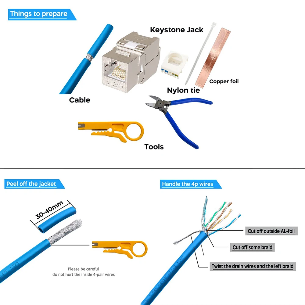 Cat6a cat7 cat8 keystone jack cat7 rj45 stp tipo sem ferramenta módulo de liga de zinco jacks adaptador acoplador para 22 a 26 awg fio sólido