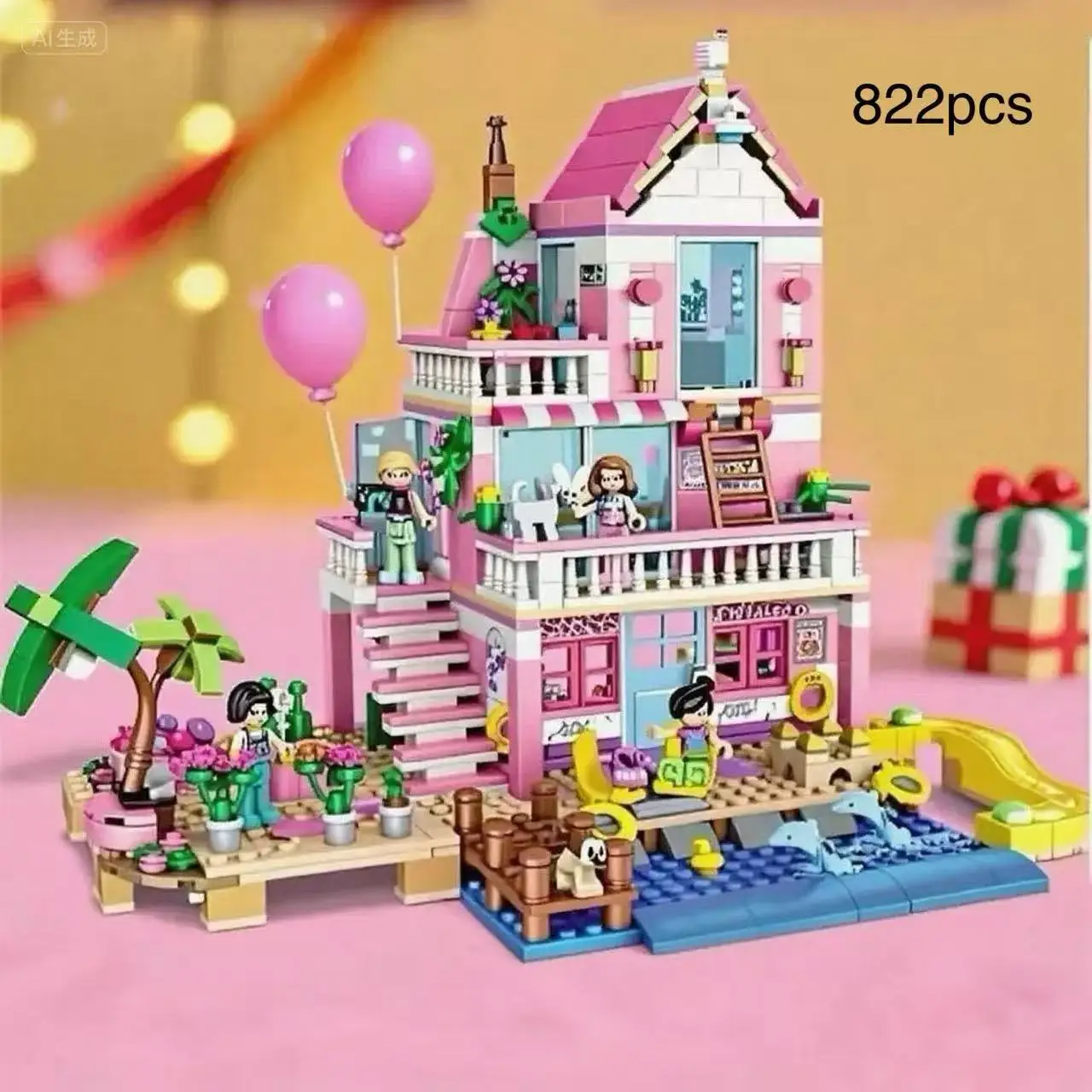 

Beachfront Mansion Building Blocks with Playground, DIY Miniature Model Kit for Adults - Creative Display Gift Idea
