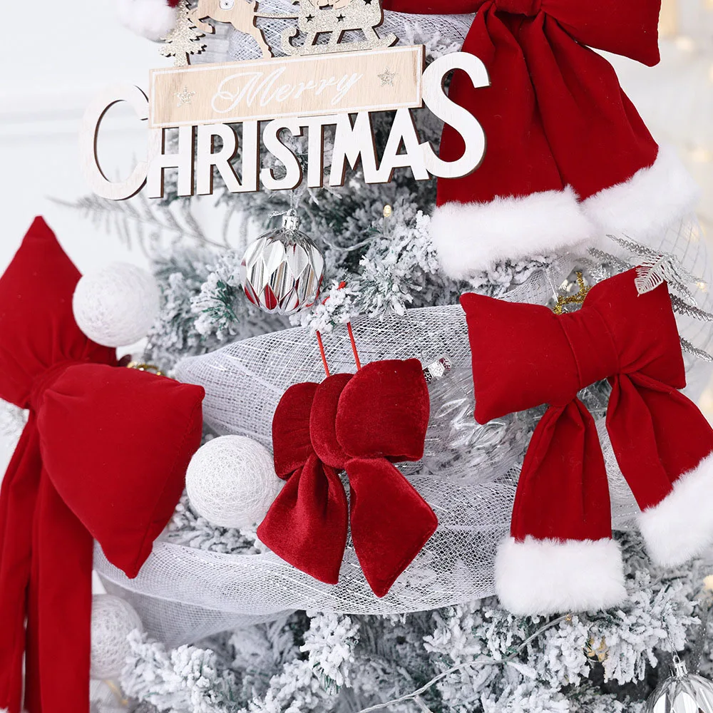 

Christmas Bow Decoration Velvet Red Bow Knot Baubles Hanging Ornaments DIY Xmas Trees decoration For Home Party New Year Gift