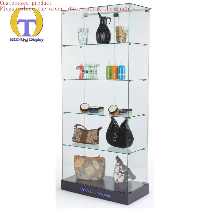 

Custom.Glass Clear Adjustable Shelves Bags Display Cabinet Storage Showcase Smoke Store Display Fixtures for Perfume and Collect
