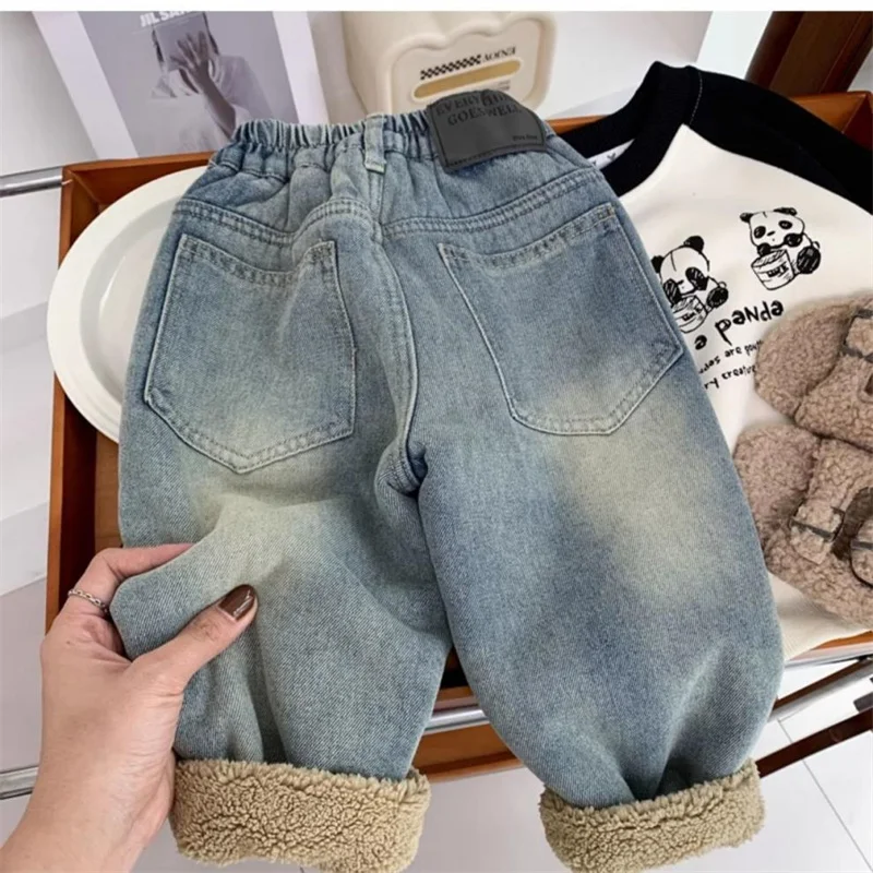 Neue kinder Fleece Jeans Jungen Mädchen Plüsch Samt Denim Hosen Neue Kinder Winter Verdickte Warme Hosen Säuglings Kleidung 2-8Y – Detail 4