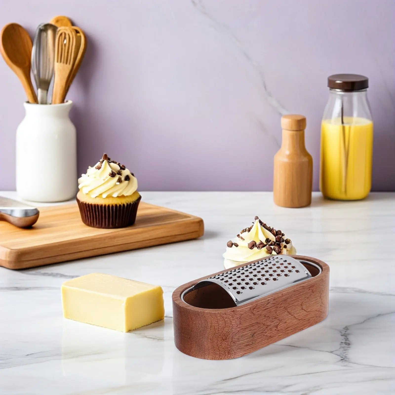 Stainless Steel Cheese Grater with Wooden Holder, Citrus Zester & Storage Container for Kitchen