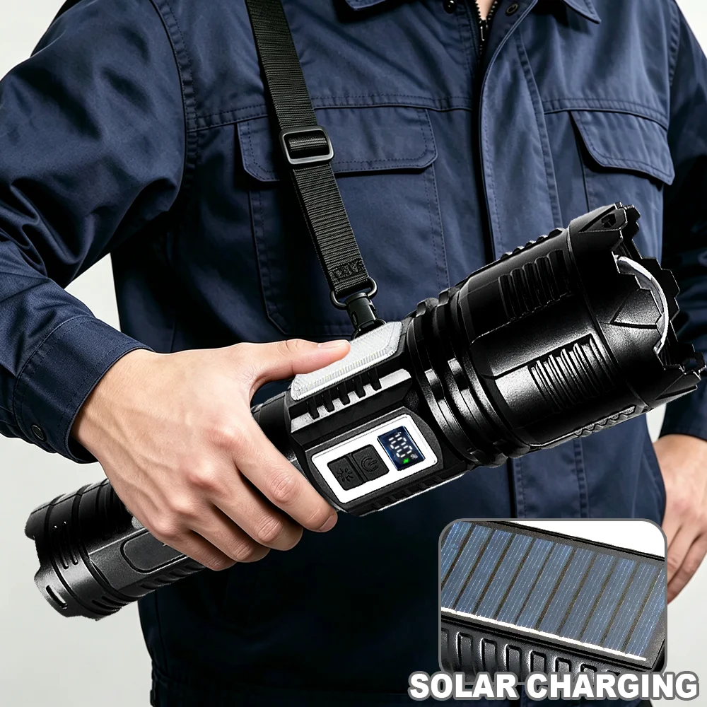 Ultra Bright LED Handheld Flashlights 2026 New Solar Powered High Lumen Long Range Tactical Torch for Camping Emergency Survival