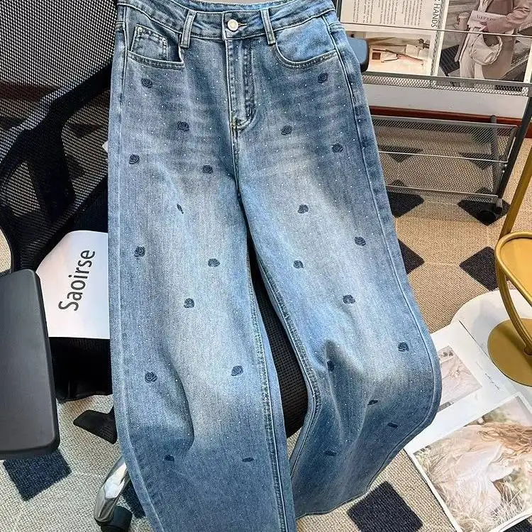 Retro American Blue Embroidered Rhinestone Rose Jeans High Waist Heavy Wash Slim Straight Cotton Denim Women's Summer Jeans