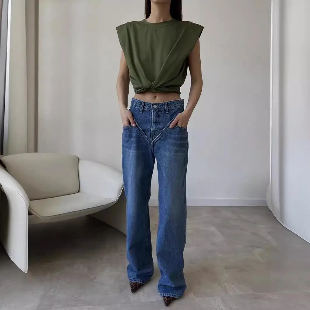 

Slimming Splicing Denim Pants for Women Blue l Waist Commuter Sle Waed mid Stretch Blue Jeans Ladies Trousers