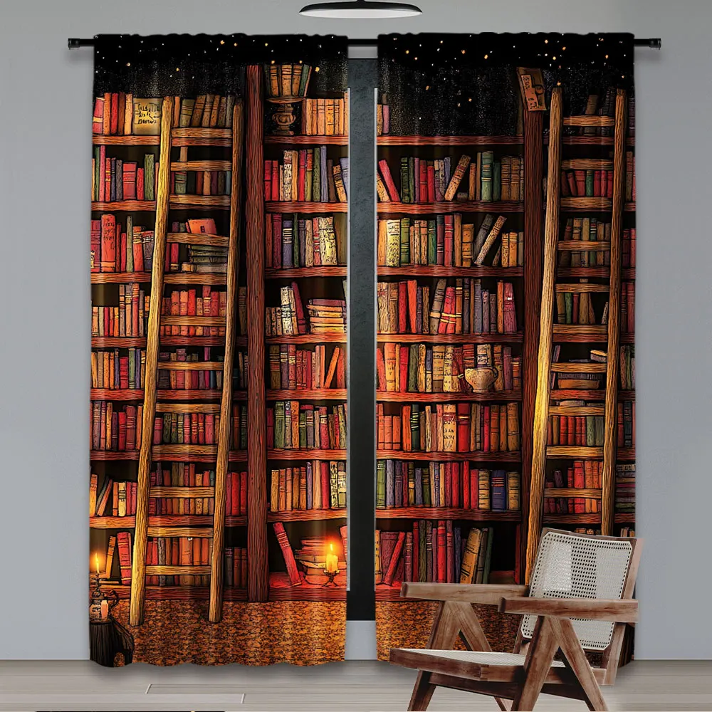 2Pcs Bookshelf Curtains Vintage Books Library Bookcase Print Bookshelf Room Decor Curtains Window Drapes For Living Room Bedroom